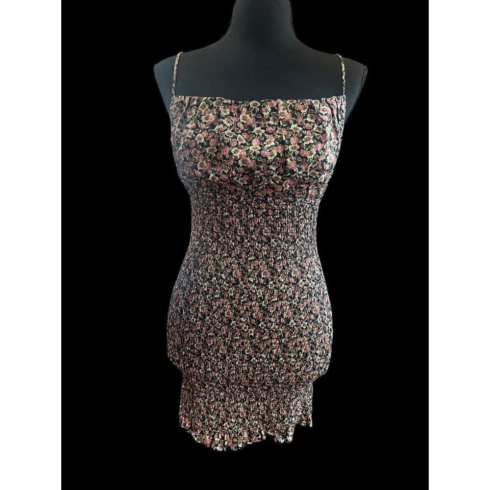 Windsor Floral Smocked Mini Dress Women Small Black & Multicolor y2k resort wear